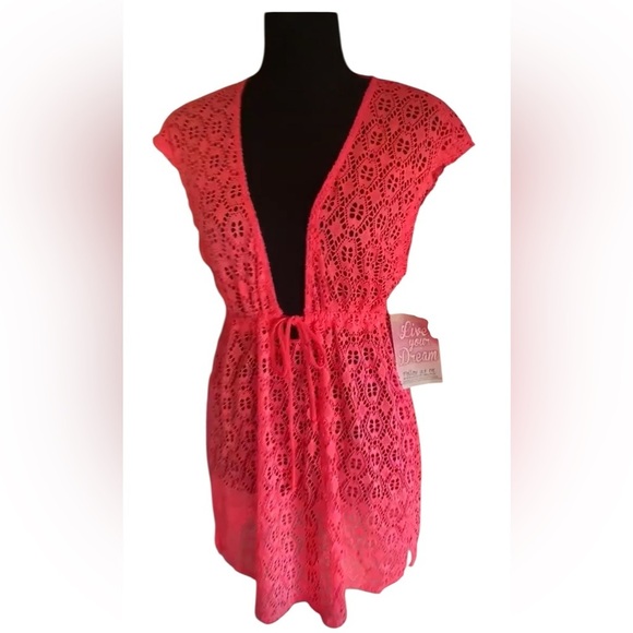 MIKEN Crochet Coverup Smocked Waist Pullover,Plunge Neckline Size Large Pink NWT - Picture 1 of 13